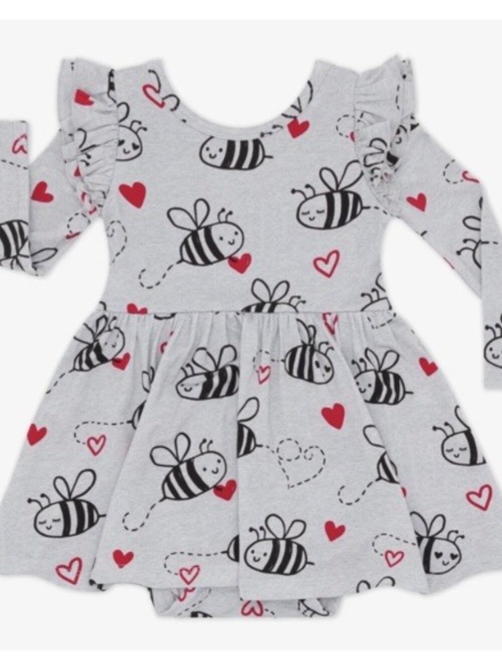 NEW Little Sleepies 6-12 Bee Mine Long Sleeve Flutter Twirl Dress Bodysuit Heart